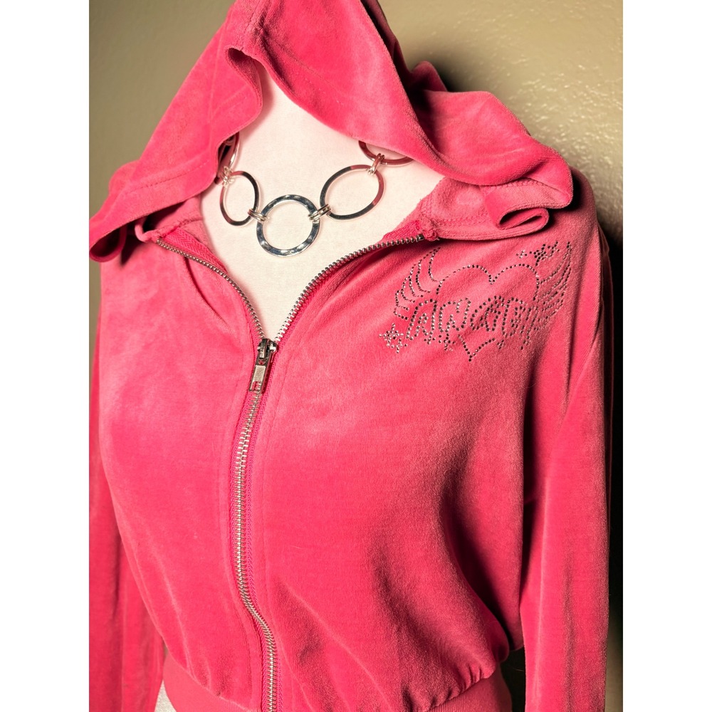 Y2K Pink Velour Cropped Zip Up Hoodie Rhinestone Winged Heart Graphic Style #9